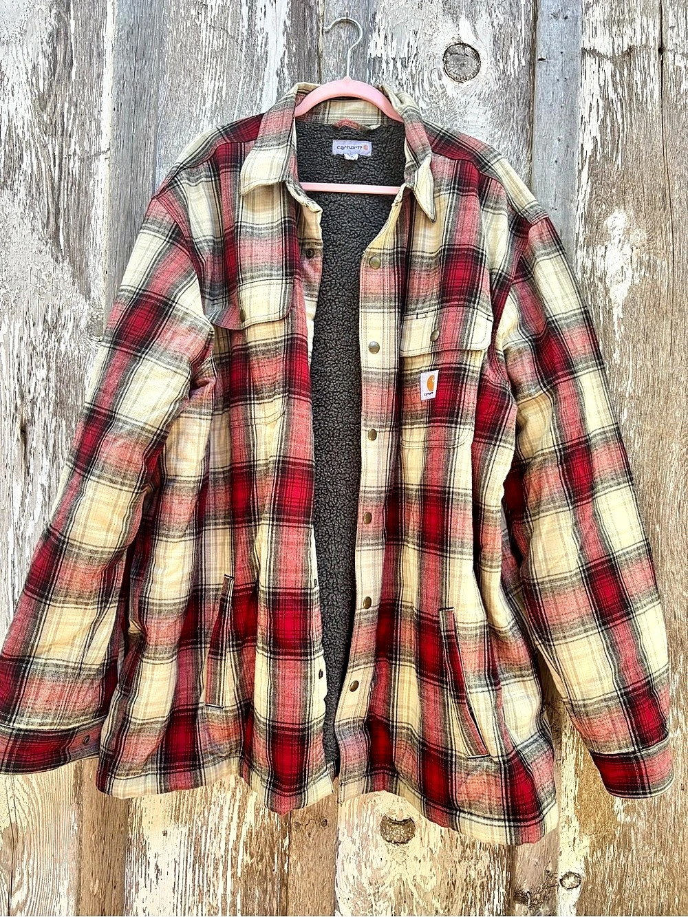 Carhartt Hubbard Flannel Sherpa-Lined Jacket Plaid Red & Cream 2XL